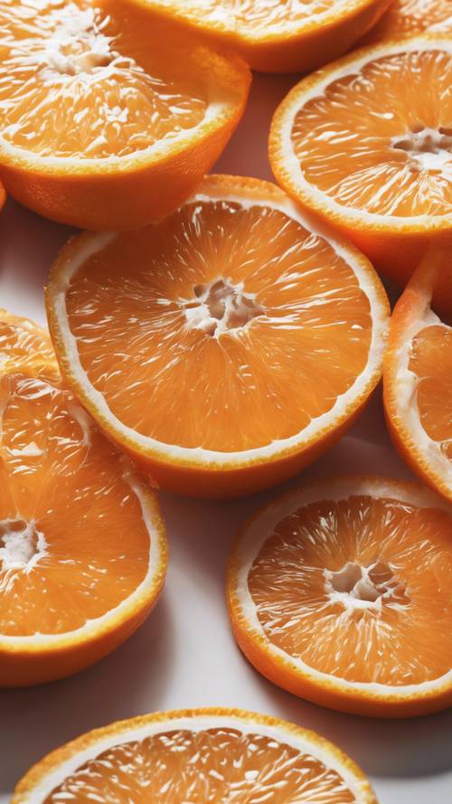 白色背景下刚剥好的多汁橙子的特写镜头