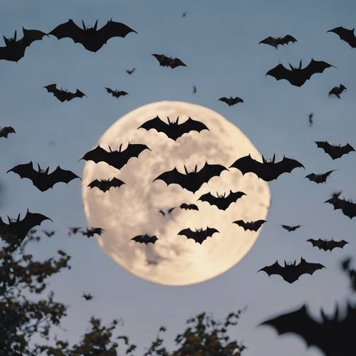 An eerie occurrence in nature where a group of bats takes flight, forming the shape of an evil eye against a full moon.