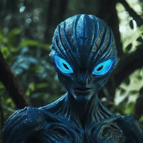 Инопланетное существо с неоново-синей кожей и светящимися глазами на темном фоне джунглей.