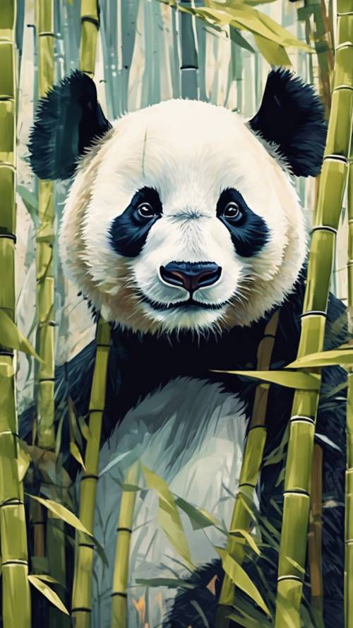 Gambar semi abstrak wajah panda, menggabungkan unsur kubisme, dengan latar belakang hutan bambu.