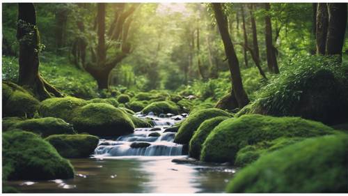 A gentle stream flowing through a thick forest with lush greenery, carrying the message 'Difficulties are meant to rouse, not discourage. The human spirit is to grow strong by conflict.'.