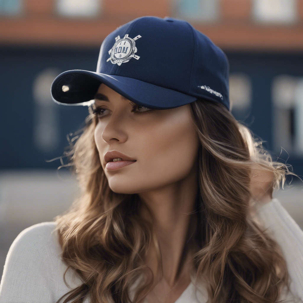 A navy baseball cap with a stylish logo embroidered on the front Wallpaper[0b52fe8f3a124928b9a1]