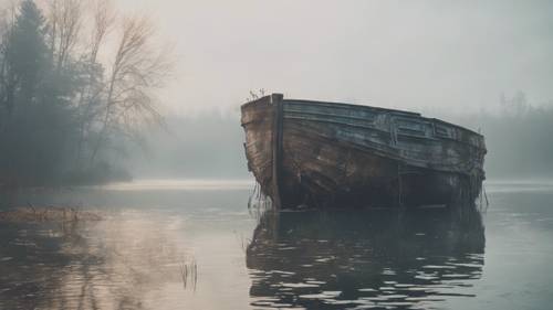 这是一片荒凉、雾气弥漫的湖泊的光谱图像，一艘沉没的旧船的幽灵徘徊在湖泊周围。