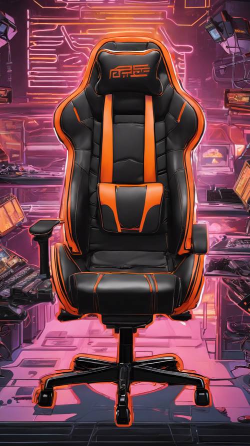 Высокий угол обзора оранжевого и черного игрового кресла.