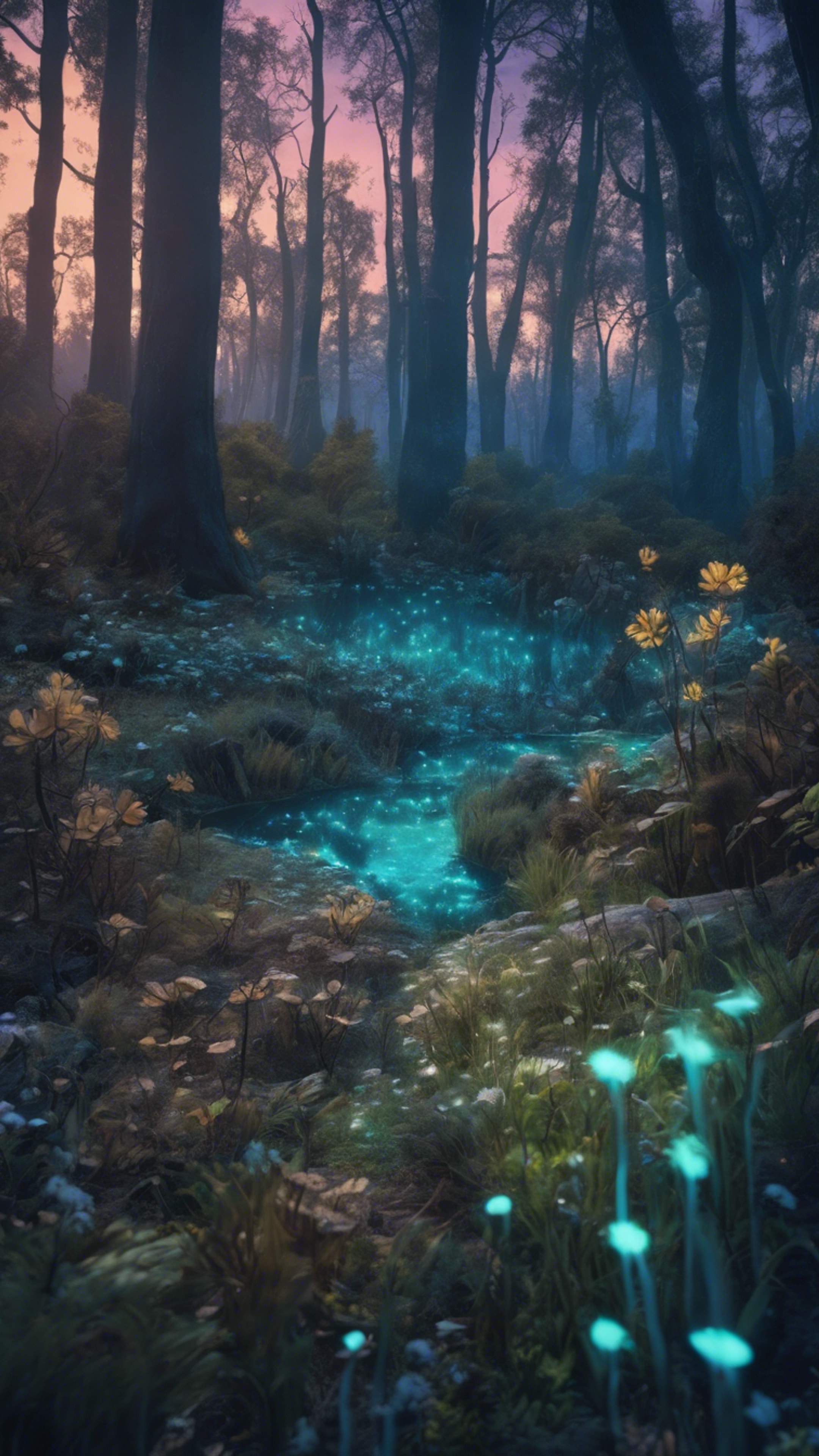 A magical landscape with bioluminescent flora and fauna, painting a beautifully eerie picture within a twilight forest. Wallpaper[f4bdf3edf4f4493b8357]
