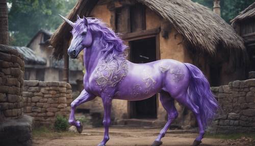 一幅乡村风的画作，一只英俊的紫色独角兽在古老的村庄里小跑。
