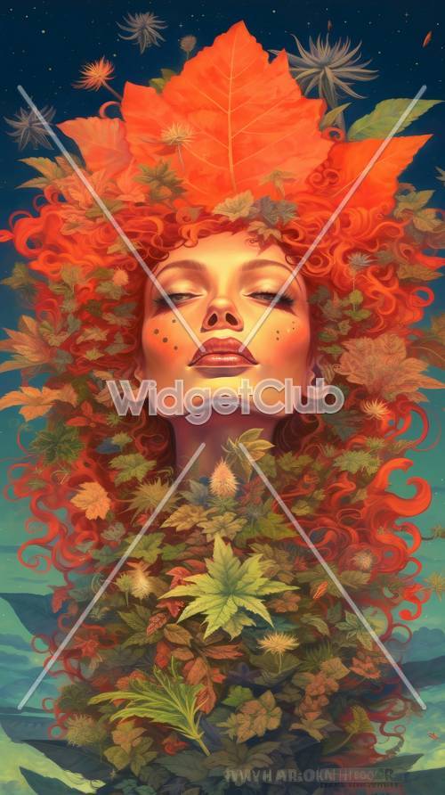 Jesienna królowa z ognistoczerwonymi włosami i liśćmi