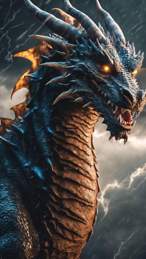Un dragón genial de inmenso tamaño y gloria, entretejido dentro de enormes nubes de tormenta, iluminándose con cada relámpago.