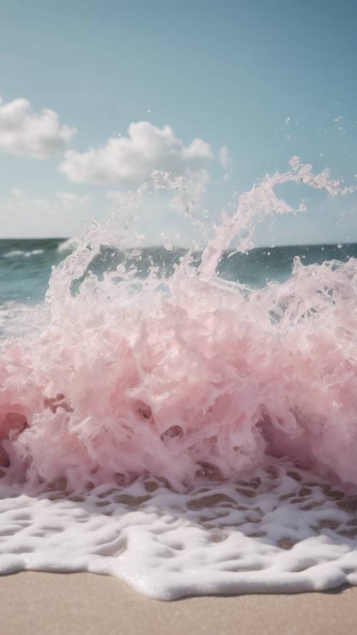 Frothy pink waves crashing onto a tropical beach under a clear blue sky.