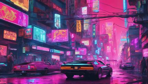 An array of neon holographic advertisements crowding a bustling cyberpunk street.