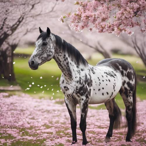 Pemandangan tenang seekor kuda Appaloosa yang sedang merumput dengan damai di bawah pohon sakura, kelopak bunganya beterbangan dengan lembut.