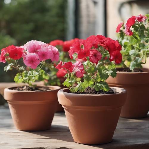 A row of terracotta pots filled with blooming geraniums on a wooden table.