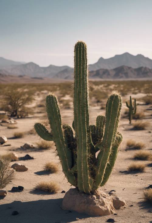 An isolated desert with a single cactus standing in the middle, against a backdrop of clear sky and distant mountains.