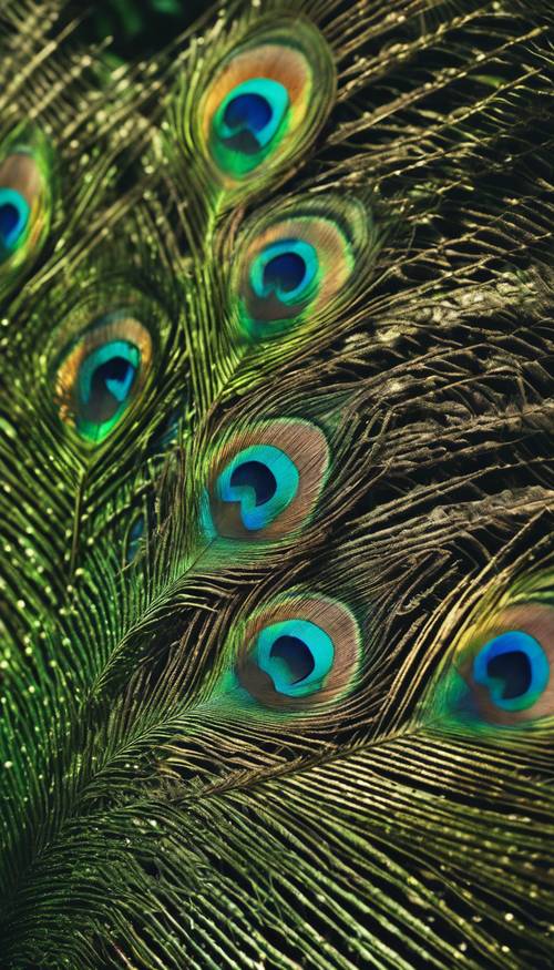 Maestoso motivo scuro sulle piume di un pavone in una lussureggiante foresta verde.