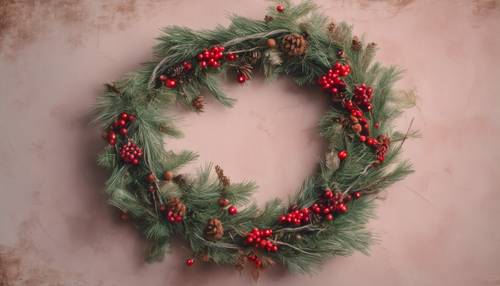 Karangan bunga Natal buatan tangan antik yang dibuat dari cabang pinus dan dihiasi dengan buah beri merah dan benang.