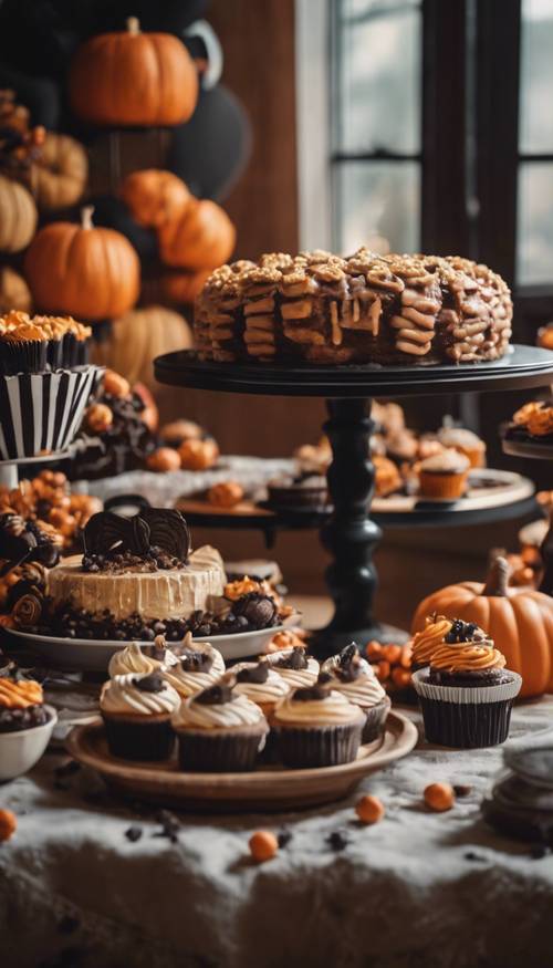Una acogedora mesa de postres de Halloween llena de deliciosos pasteles, pastelitos y un lindo centro de mesa de pastel de pavo.