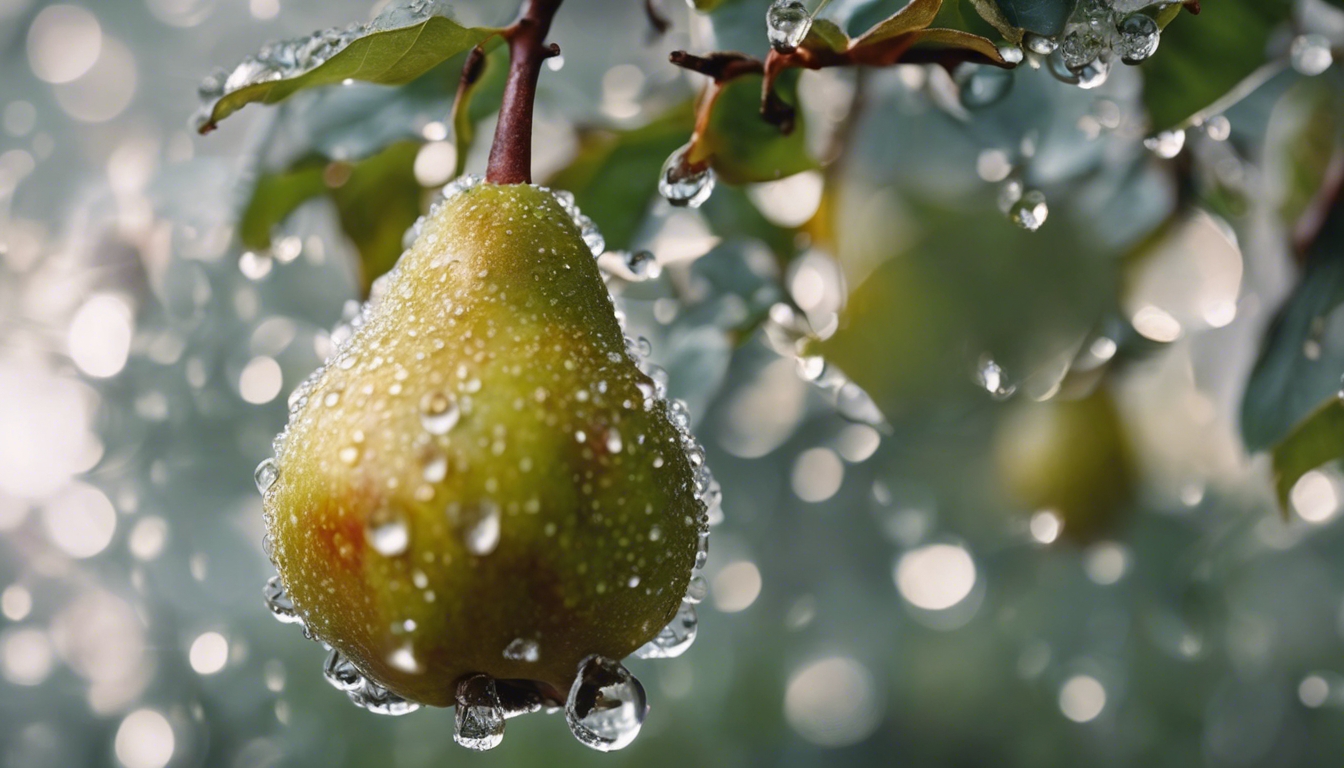 Close-up of dew drops on a ripe pear waiting to be plucked from the tree. Tapeet[f3d93d25f3e2476ea0fb]