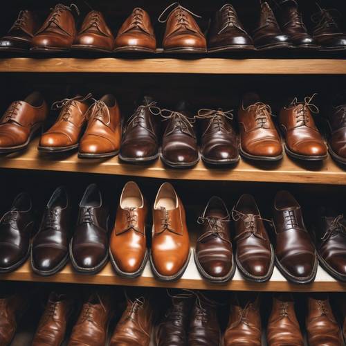 Bir antika dükkanında parıldayan ve sergilenen bir dizi vintage kahverengi deri ayakkabı