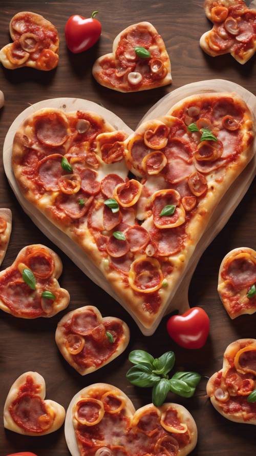 Uma pizza em formato de coração coberta com calabresa disposta em formato de coração menor, a culinária perfeita para um encontro romântico.