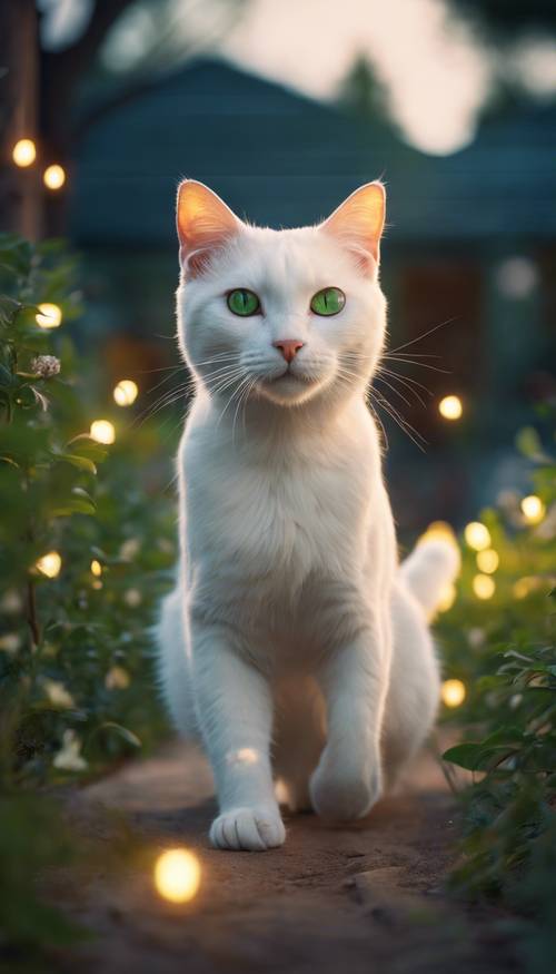 Un gato blanco juguetón con ojos verdes vibrantes, persiguiendo alegremente una luciérnaga brillante contra un jardín iluminado por el crepúsculo.