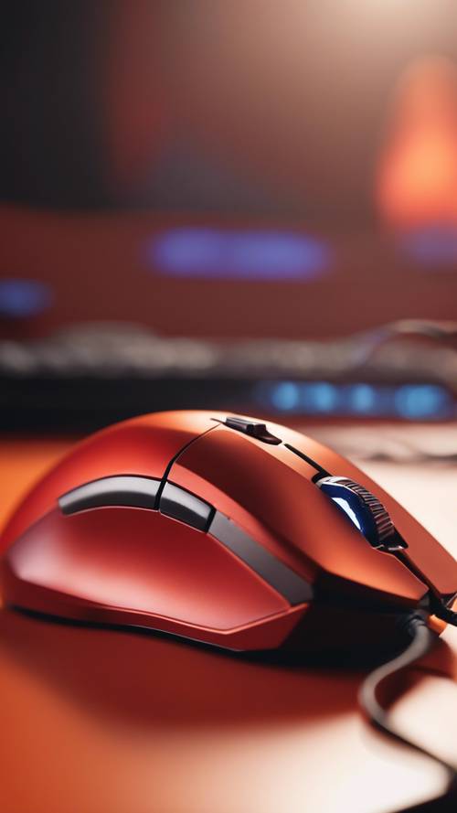 Hình ảnh CG độ phân giải cao chụp một con chuột chơi game có dây màu đỏ tươi trên tấm lót chơi game màu cam nguyên sơ.