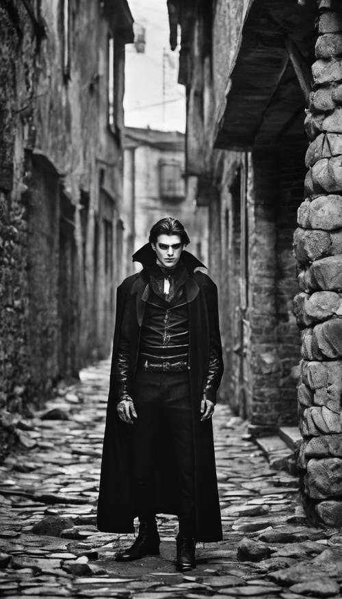 Młody wampir w czarnym gotyckim stroju, stojący w zniszczonej alejce z brukowanymi kamieniami, obraz monochromatyczny.