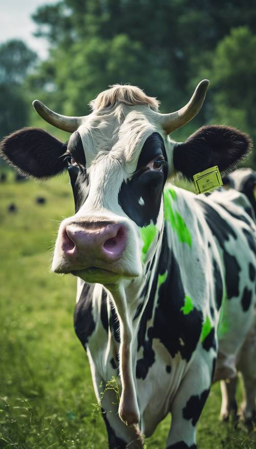 A portrait of a dairy cow with a unique pattern of neon green spots with meadow in the background.