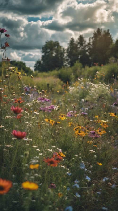 An artistically neglected garden allowed to grow into a wilderness, a river of wildflowers against a dramatic cloudy sky.