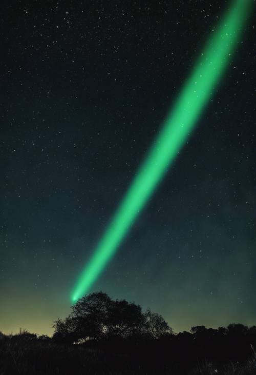 A green comet streaking across a clear black night sky.