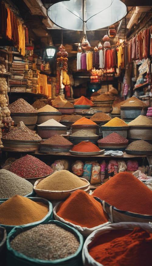 A friendly Islamic marketplace filled with colorful shops, traditional garments and various oriental spices.