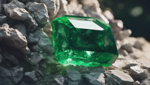 A close-up of a shimmering green emerald crystal embedded in a bedrock. Tapeta [63d9b735ba5944488268]