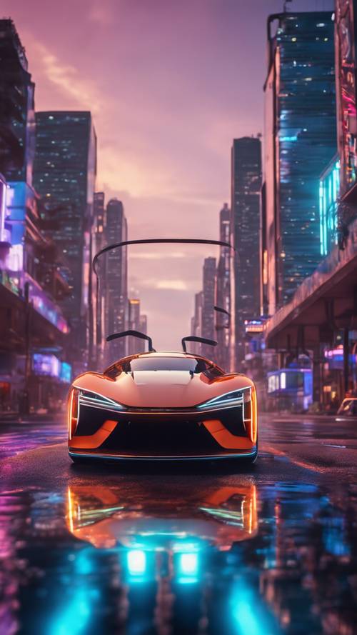 一輛未來派的超現代汽車盤旋在霓虹燈閃爍的城市景觀上方。