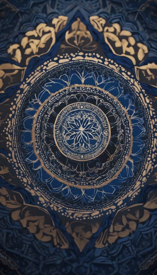 A dark blue and black mandala symbolizing tranquility and peace. Wallpaper [9343f440aa7348e1a4a0]