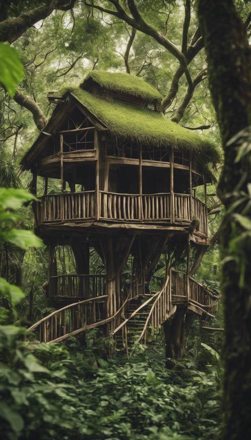 一座古老的木製樹屋隱藏在綠色叢林的茂密樹葉中。