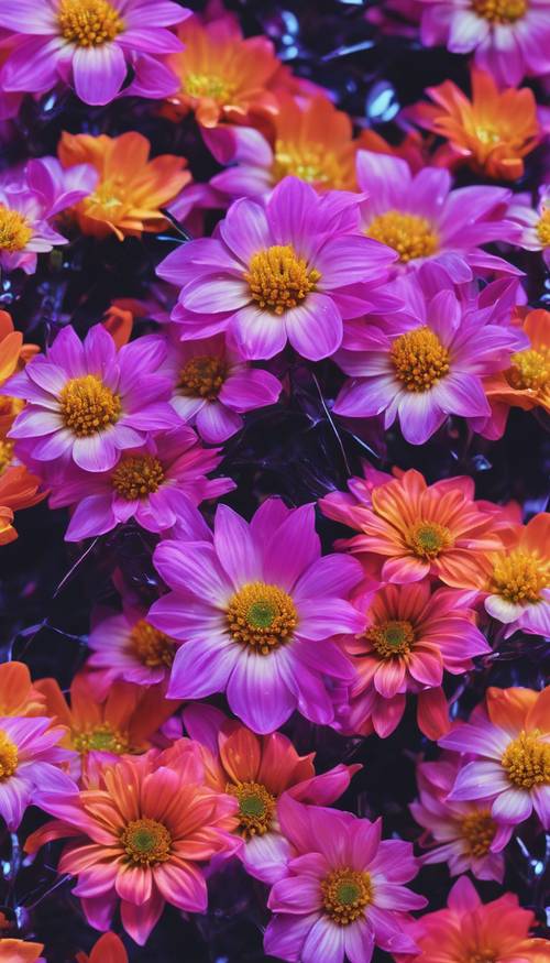 Y2K-themed vibrant, neon-colored flowers against a silver metallic foil background. Ფონი [55d78fa29a564e1c9c1f]