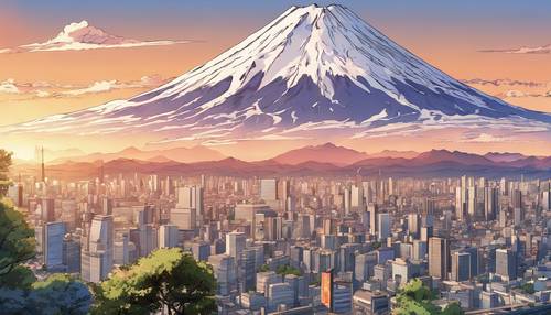 Anime illustration of Tokyo skyline dominated by Mount Fuji in the background on a clear day.