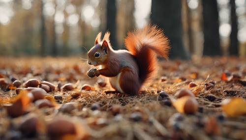 An adorable red squirrel collecting nuts in an autumn field.