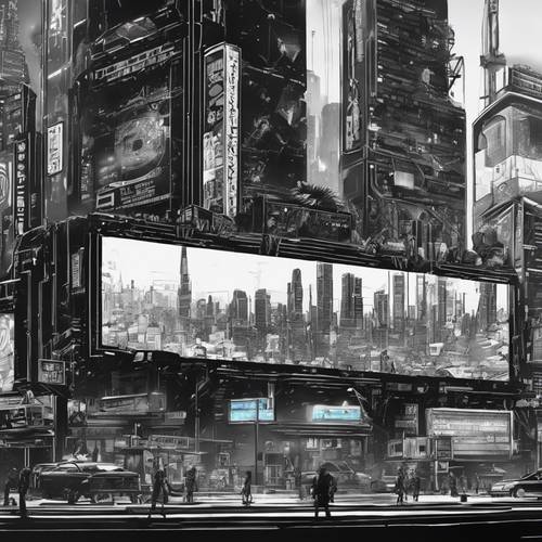 A hacked billboard in a black and white cyberpunk city.