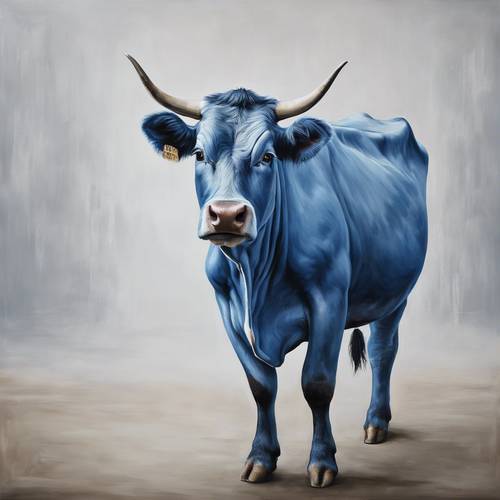 Une peinture à l’huile hyperréaliste représentant une vache bleue sur un fond monochromatique calme.