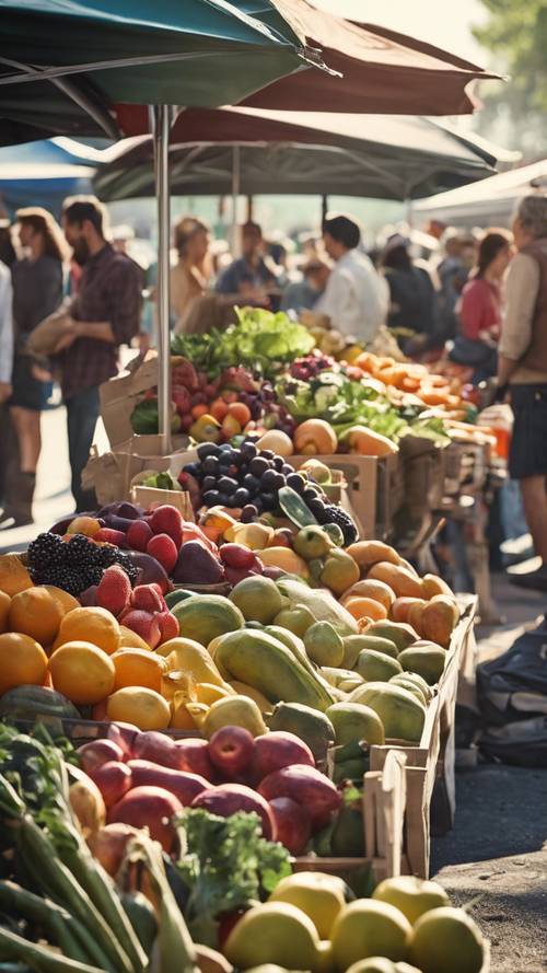 Khung cảnh buổi sáng nhộn nhịp tại một khu chợ nông sản với đầy đủ các loại trái cây và rau quả đầy màu sắc.