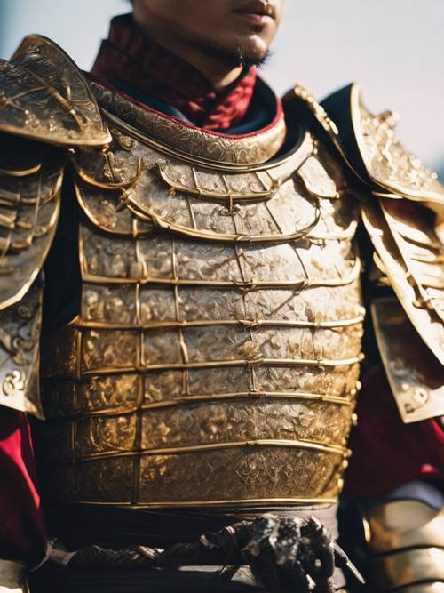 A close-up detail of a beautiful samurai armor glistening in the sunlight