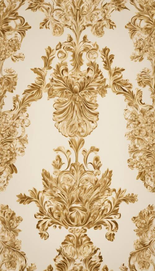 An intricate floral damask pattern in gold on a cream background.