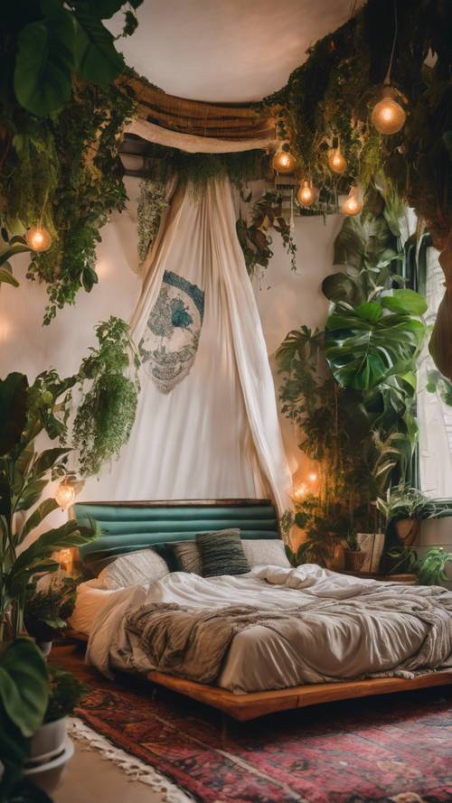 A cozy bohemian bedroom with a crescent-moon shaped headboard, lush indoor jungle of potted plants, a vibrant layered rug, and draped, flowing fabrics in varied textures and hues.