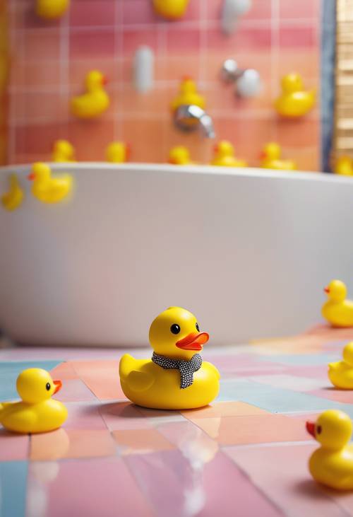 在色彩缤纷的浴室背景上，有一只戴着小雨帽的黄色橡皮鸭。