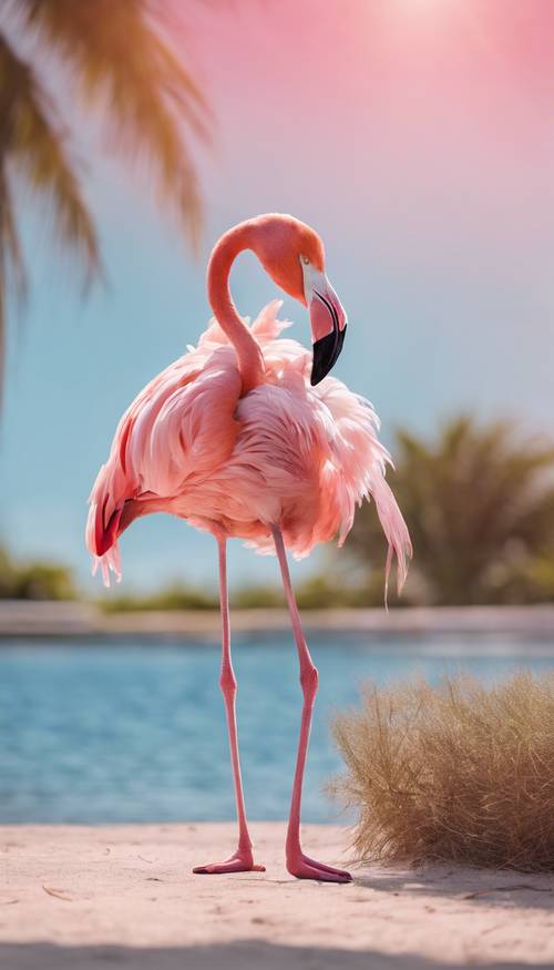Seekor flamingo dengan aura merah jambu cerah berdiri dengan satu kaki di bawah langit biru cerah.