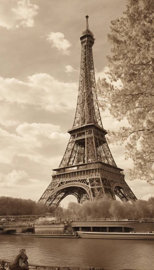 Uma imagem em tom sépia da Torre Eiffel em 1800.