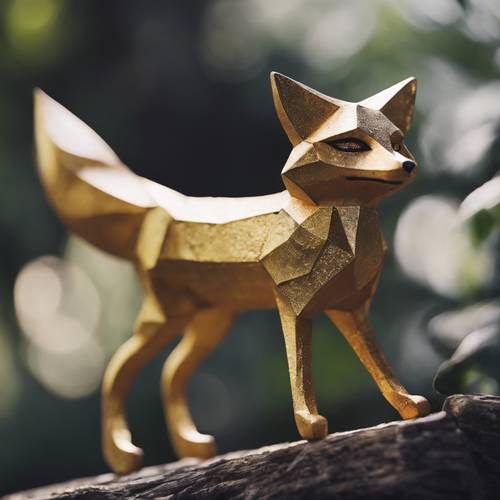 Ein schelmischer goldener geometrischer Fuchs, der im Schatten lauert.