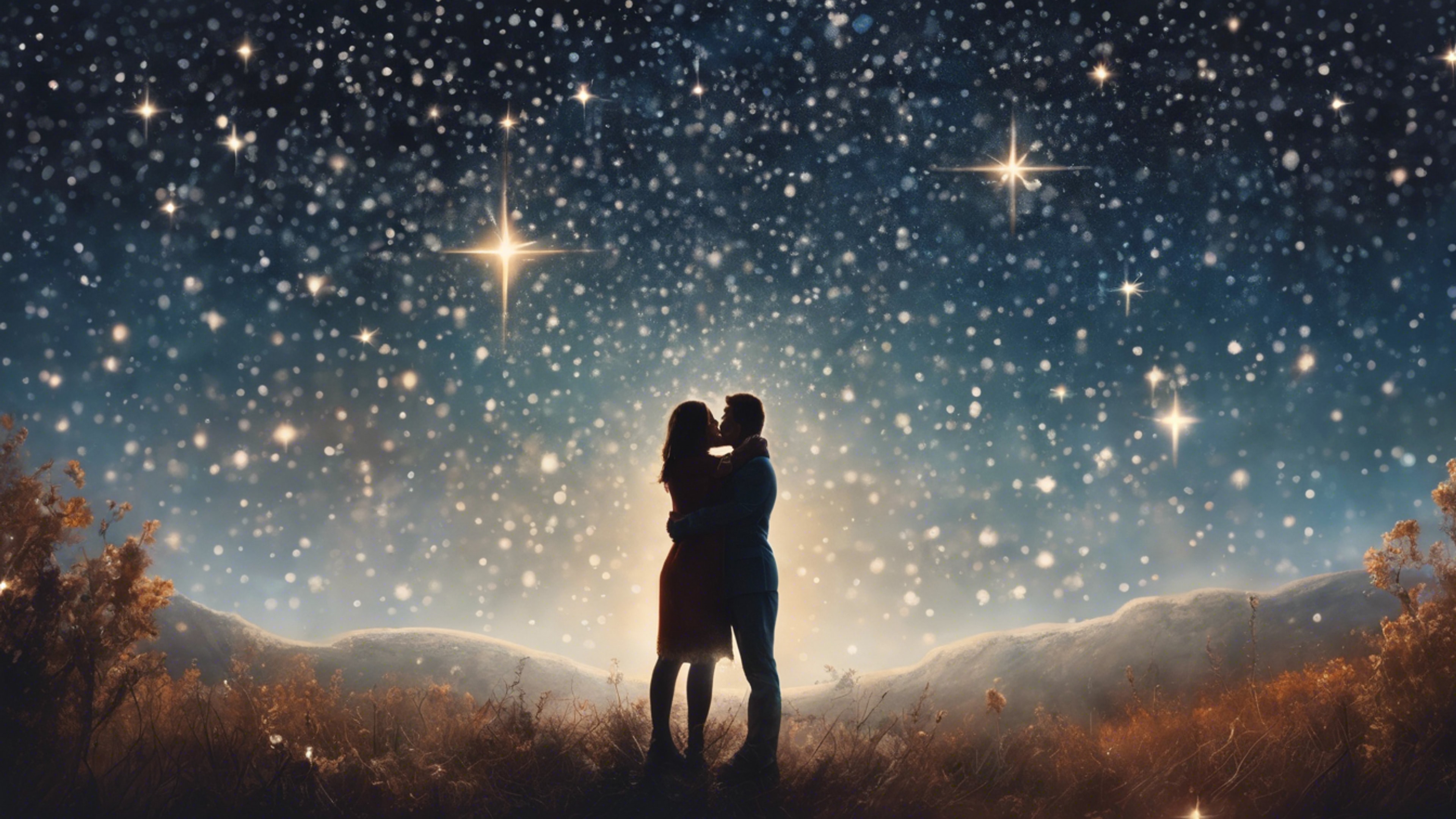 A timeless painting of a couple sharing a romantic moment under a star-filled sky. Sfondo[26fb6f637c3e4c759c8d]