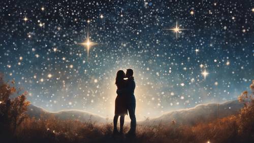 Yıldızlarla dolu bir gökyüzünün altında romantik bir an paylaşan bir çiftin zamansız tablosu.
