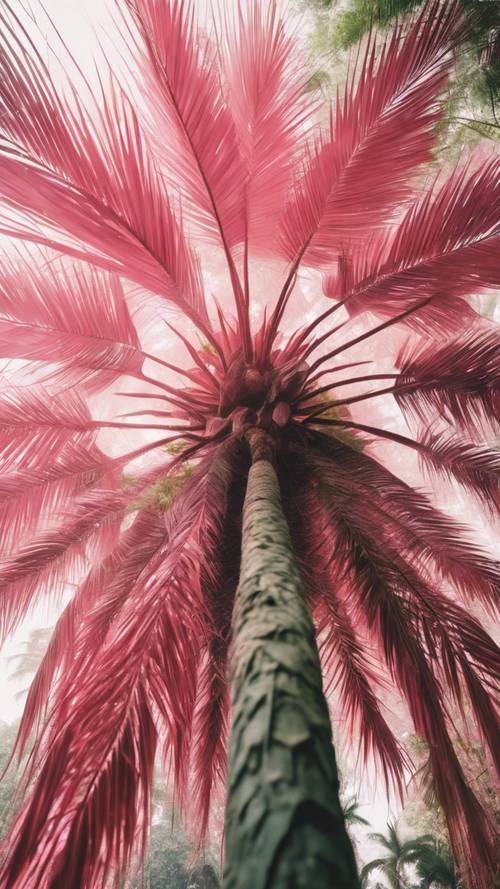 一棵古老、高聳的粉紅色棕櫚樹，位於茂密、繁茂的雨林中。